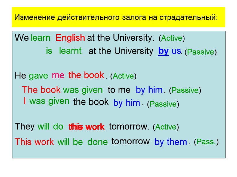 Изменение действительного залога на страдательный: We learn       